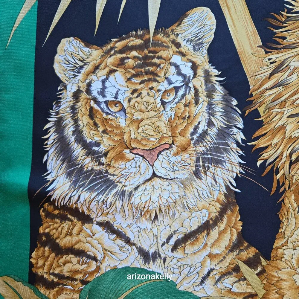 Salvatore Ferragamo Silk Carré Scarf Big Cats, Fox, Bird in Floral Style Jungle